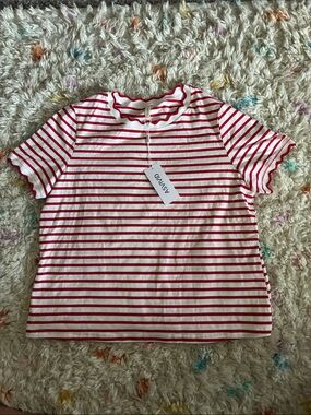 AS VIVID Red and White Striped Short-Sleeve Top with Scalloped Trim
